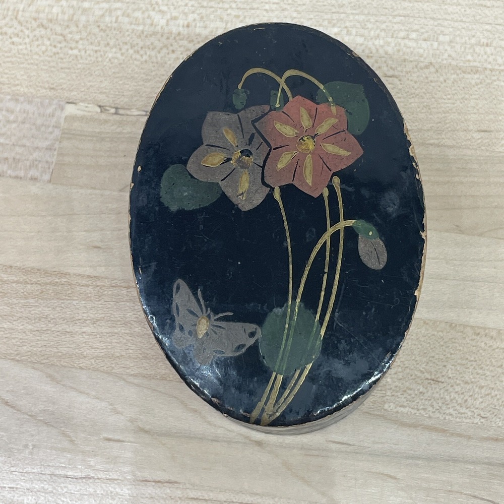 Vtg Trinket Box Paper Mache‎ Hand Painted Lacquered Butterfly Floral Oval Lid